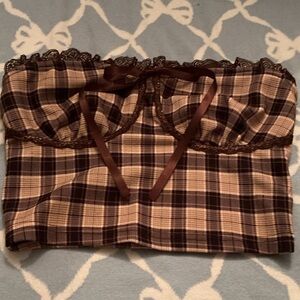 Plaid Lace Trim Bandeau Top